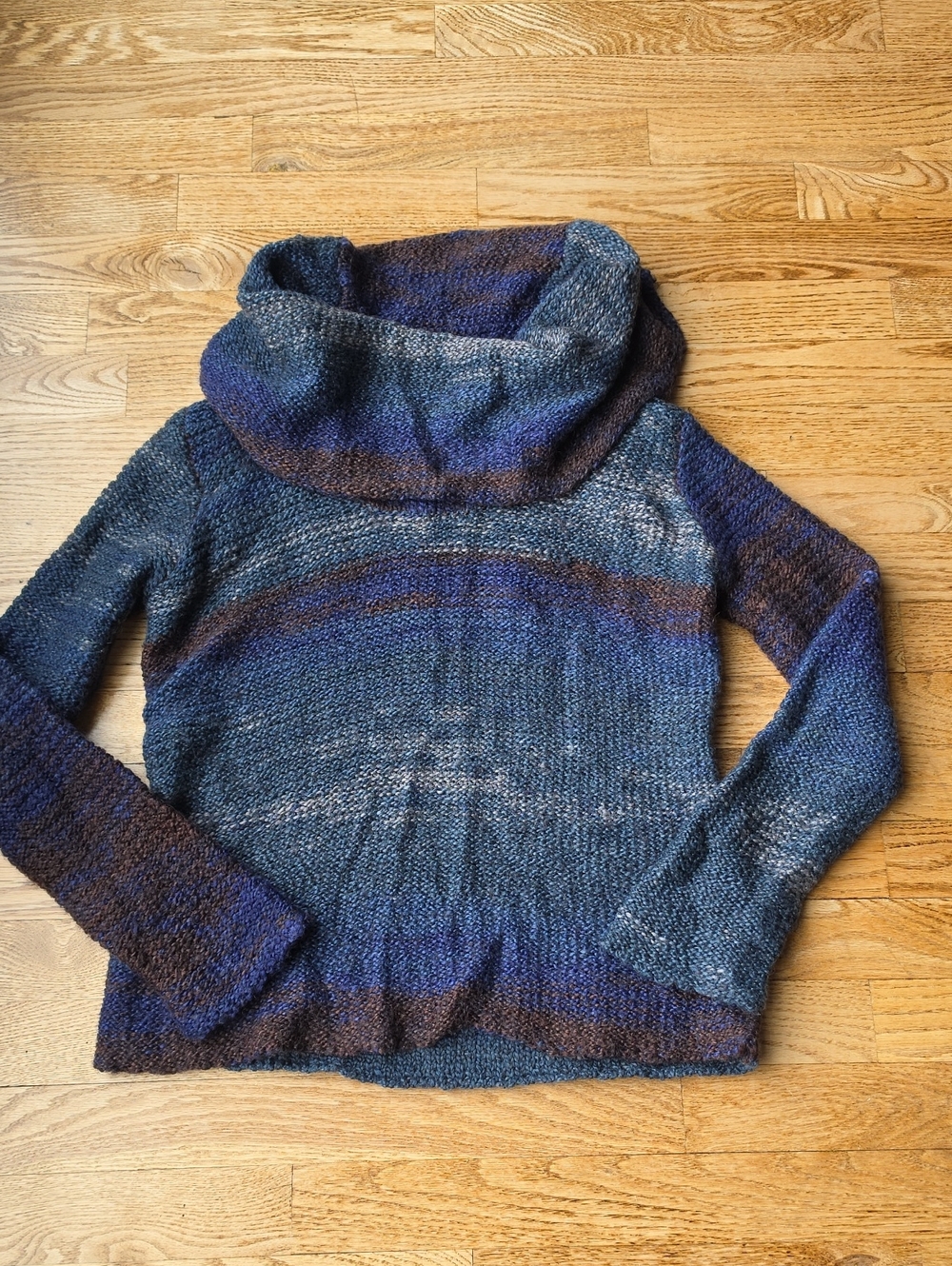 (S) Women's Blue Multicolor Cowl Neck Sweater Cozy Cabin Wool Blend Chunky Knit